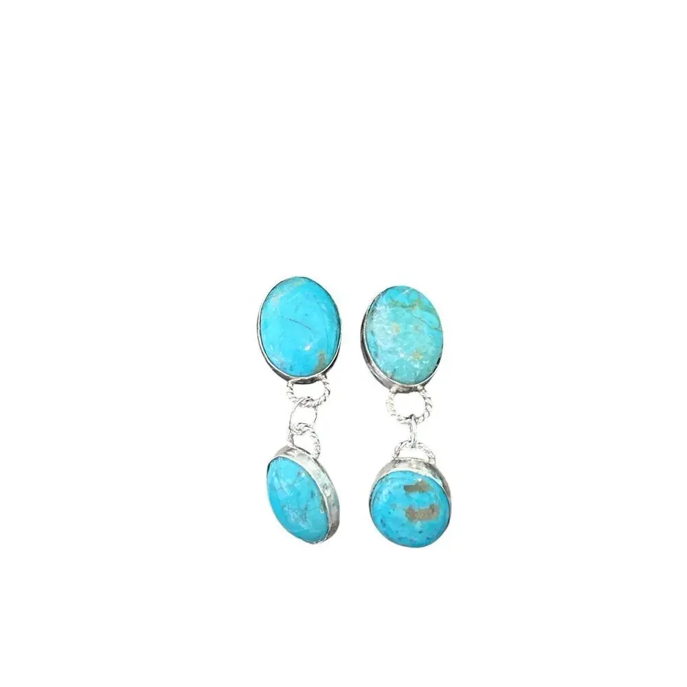 Kingman Turquoise Stones & Sterling Silver Dangle Earrings Handmade In Montana